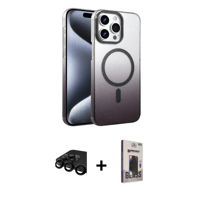 MARSİLYAN™- iPhone 15 Pro Max Kılıf Ahenk Doku Özel Seri - Siyah Bilvis Hayalet Cam Ekran Koruyucu + Raze Metal Kamera Lens - SH