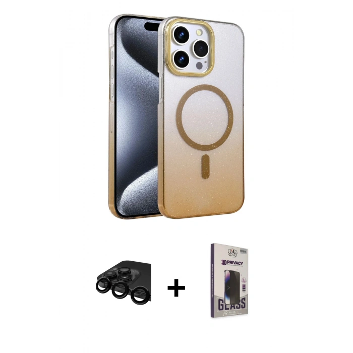 MARSİLYAN™- iPhone 15 Pro Max Kılıf Ahenk Doku Özel Seri - Siyah Bilvis Hayalet Cam Ekran Koruyucu + Raze Metal Kamera Lens - SH