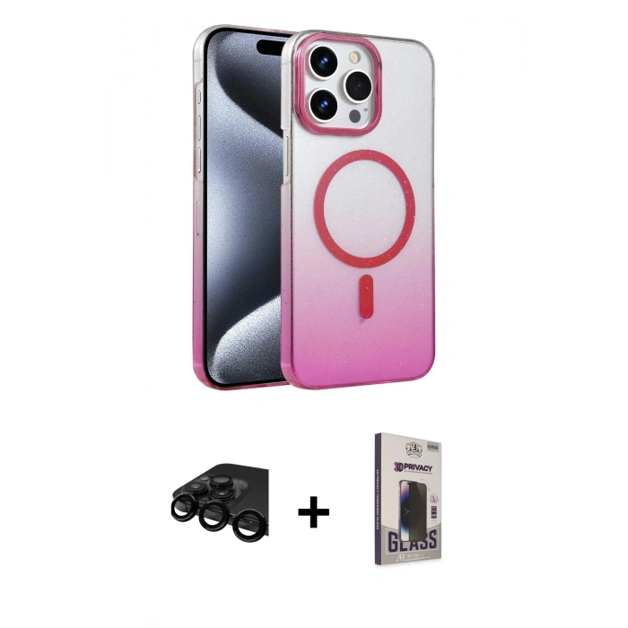 MARSİLYAN™- iPhone 15 Pro Max Kılıf Ahenk Doku Özel Seri - Siyah Bilvis Hayalet Cam Ekran Koruyucu + Raze Metal Kamera Lens - SH
