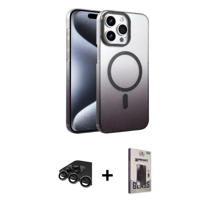 MARSİLYAN™- iPhone 15 Pro Max Kılıf Ahenk Doku Özel Seri - Siyah Bilvis Hayalet Cam Ekran Koruyucu + Raze Metal Kamera Lens - TMGI