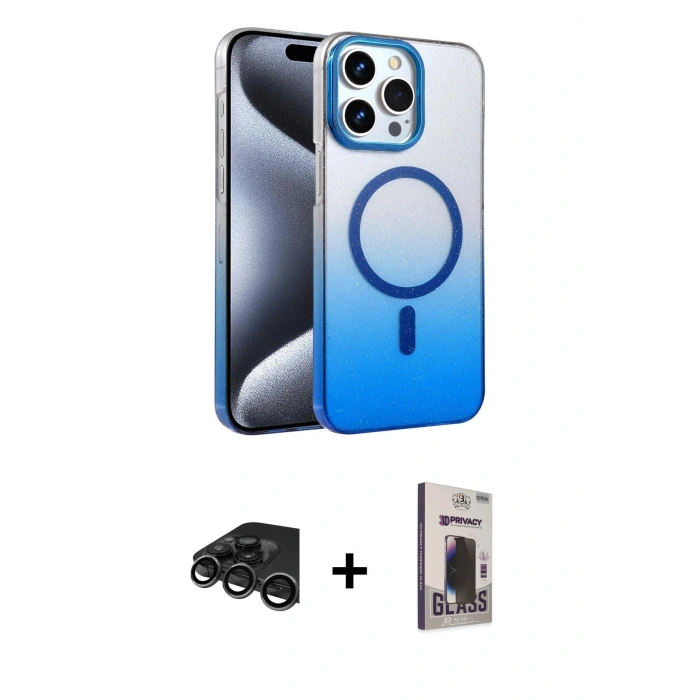 MARSİLYAN™- iPhone 15 Pro Max Kılıf Ahenk Doku Özel Seri - Siyah Bilvis Hayalet Cam Ekran Koruyucu + Raze Metal Kamera Lens - TMGI