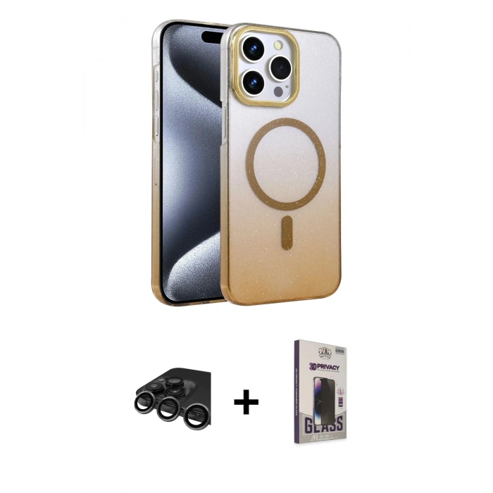 MARSİLYAN™- iPhone 15 Pro Max Kılıf Ahenk Doku Özel Seri - Siyah Bilvis Hayalet Cam Ekran Koruyucu + Raze Metal Kamera Lens - TMGI