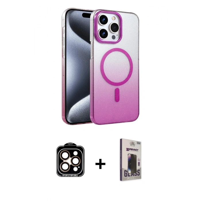 MARSİLYAN™- iPhone 15 Pro Max Kılıf Ahenk Doku Özel Seri - Siyah Bilvis Hayalet Cam Ekran Koruyucu + PVD Metal Kamera Lens - TU