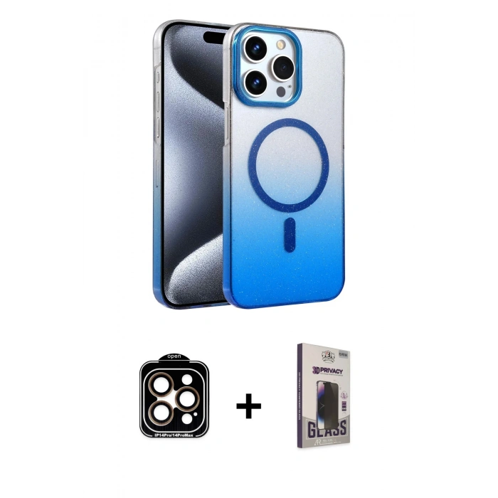 MARSİLYAN™- iPhone 15 Pro Max Kılıf Ahenk Doku Özel Seri - Siyah Bilvis Hayalet Cam Ekran Koruyucu + PVD Metal Kamera Lens - TU