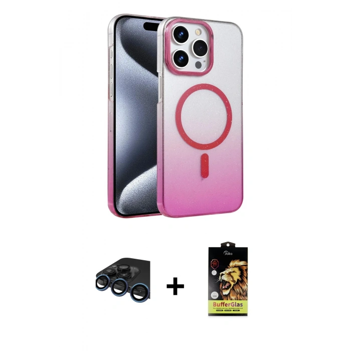 MARSİLYAN™- iPhone 15 Pro Max Kılıf Ahenk Doku Özel Seri - Siyah Buffer Cam Ekran Koruyucu + Lacivert Raze Metal Kamera Lens