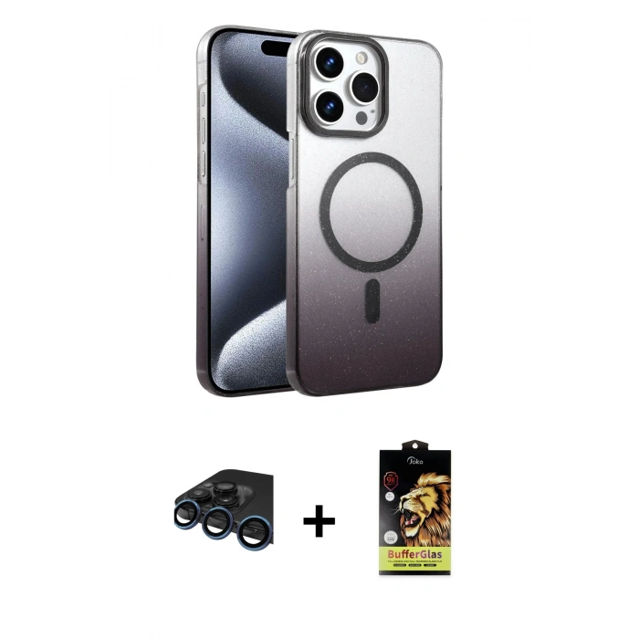 MARSİLYAN™- iPhone 15 Pro Max Kılıf Ahenk Doku Özel Seri - Siyah Buffer Cam Ekran Koruyucu + Lacivert Raze Metal Kamera Lens
