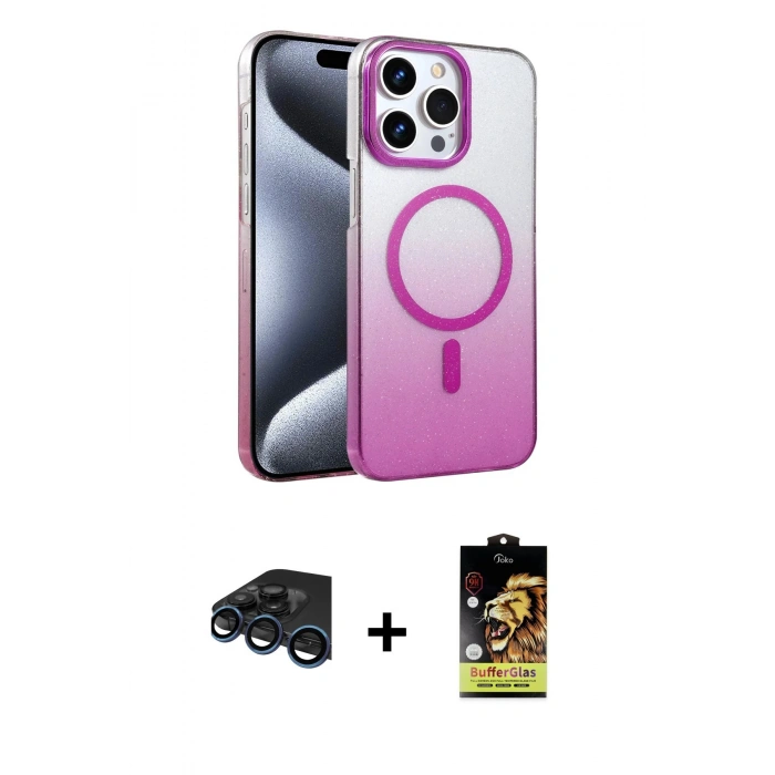 MARSİLYAN™- iPhone 15 Pro Max Kılıf Ahenk Doku Özel Seri - Siyah Buffer Cam Ekran Koruyucu + Lacivert Raze Metal Kamera Lens