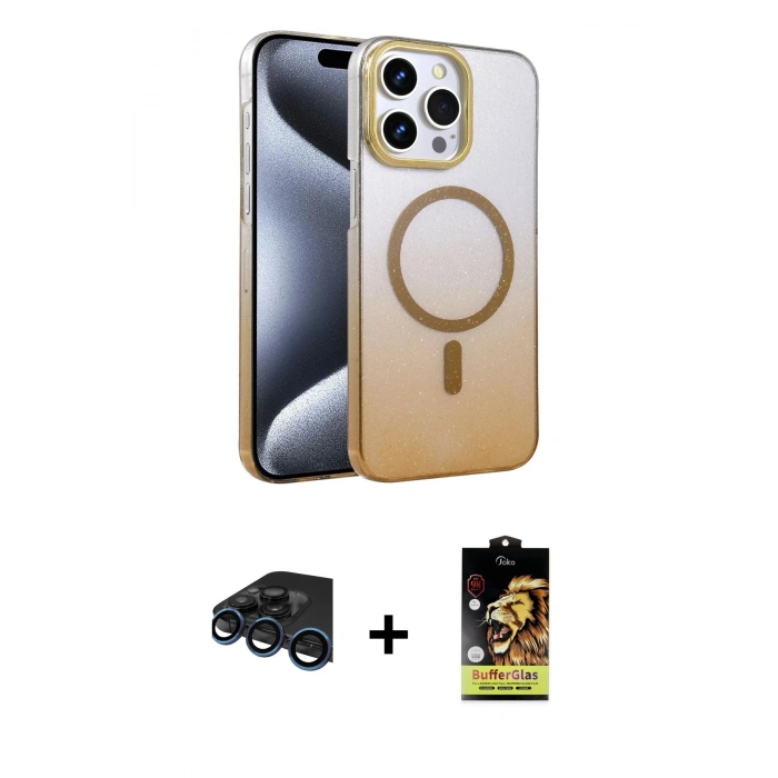 MARSİLYAN™- iPhone 15 Pro Max Kılıf Ahenk Doku Özel Seri - Siyah Buffer Cam Ekran Koruyucu + Lacivert Raze Metal Kamera Lens