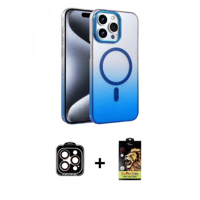 MARSİLYAN™- iPhone 15 Pro Max Kılıf Ahenk Doku Özel Seri - Siyah Buffer Cam Ekran Koruyucu + PVD Metal Kamera Lens - TU