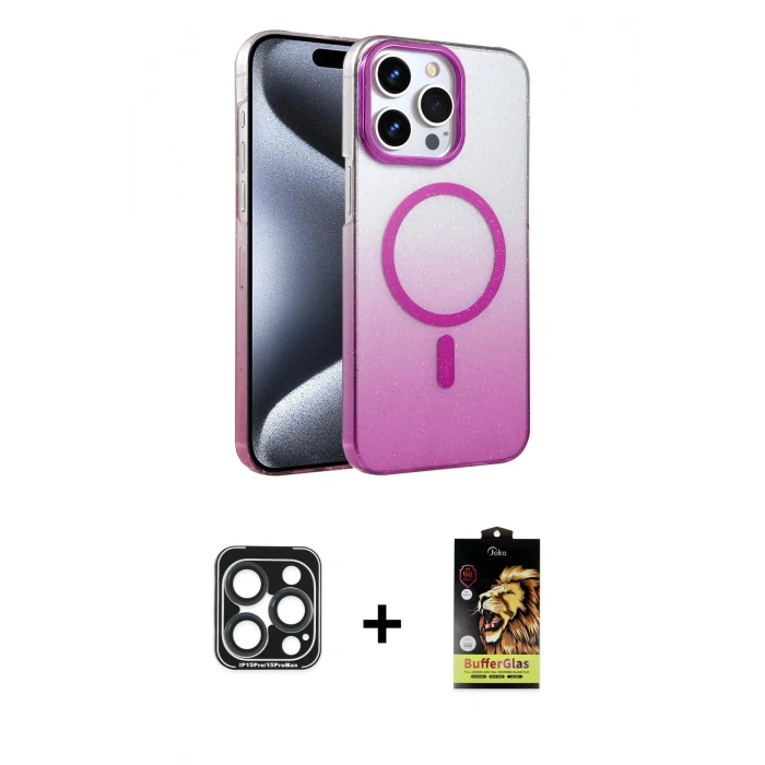 MARSİLYAN™- iPhone 15 Pro Max Kılıf Ahenk Doku Özel Seri - Siyah Buffer Cam Ekran Koruyucu + PVD Metal Kamera Lens - LT