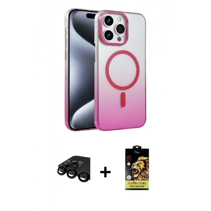 MARSİLYAN™- iPhone 15 Pro Max Kılıf Ahenk Doku Özel Seri - Siyah Buffer Cam Ekran Koruyucu + Raze Metal Kamera Lens - SH