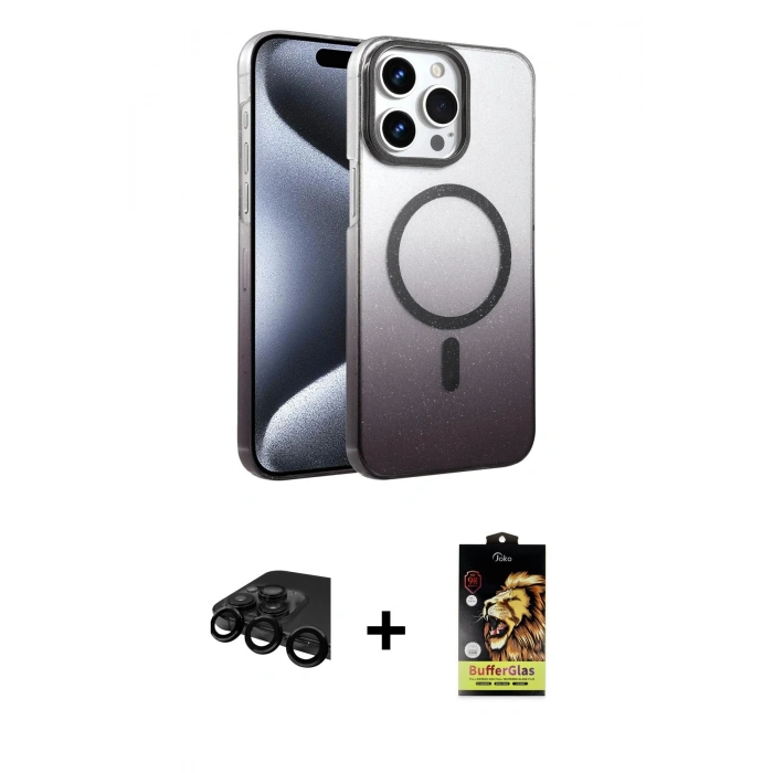 MARSİLYAN™- iPhone 15 Pro Max Kılıf Ahenk Doku Özel Seri - Siyah Buffer Cam Ekran Koruyucu + Raze Metal Kamera Lens - SH
