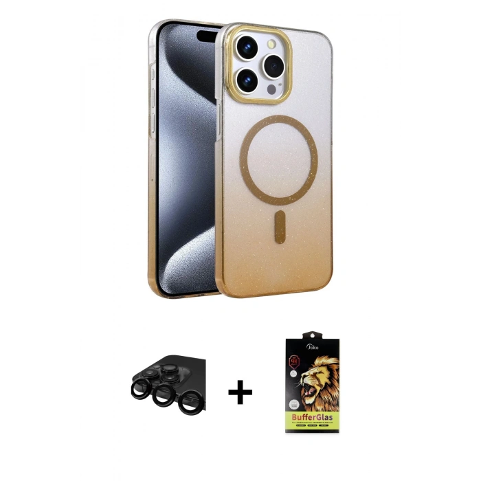 MARSİLYAN™- iPhone 15 Pro Max Kılıf Ahenk Doku Özel Seri - Siyah Buffer Cam Ekran Koruyucu + Raze Metal Kamera Lens - SH
