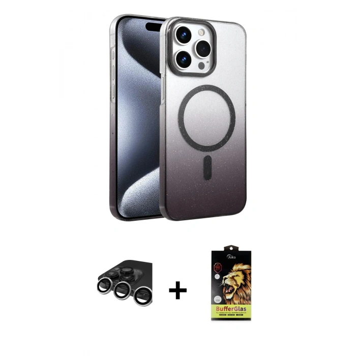 MARSİLYAN™- iPhone 15 Pro Max Kılıf Ahenk Doku Özel Seri - Siyah Buffer Cam Ekran Koruyucu + Raze Metal Kamera Lens - GS