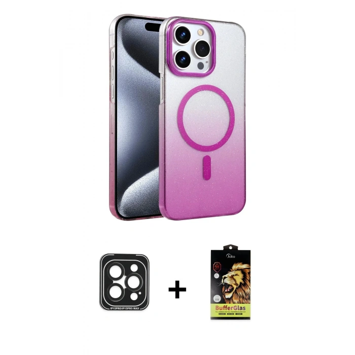 MARSİLYAN™- iPhone 15 Pro Max Kılıf Ahenk Doku Özel Seri - Siyah Buffer Cam Ekran Koruyucu + PVD Metal Kamera Lens - SH