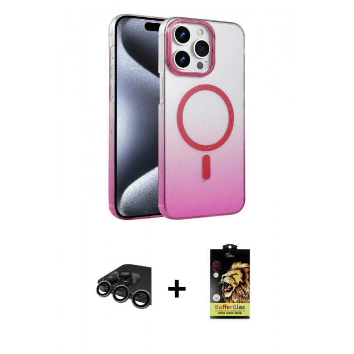 MARSİLYAN™- iPhone 15 Pro Max Kılıf Ahenk Doku Özel Seri - Siyah Buffer Cam Ekran Koruyucu + Raze Metal Kamera Lens - TMGI
