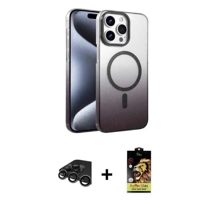 MARSİLYAN™- iPhone 15 Pro Max Kılıf Ahenk Doku Özel Seri - Siyah Buffer Cam Ekran Koruyucu + Raze Metal Kamera Lens - TMGI