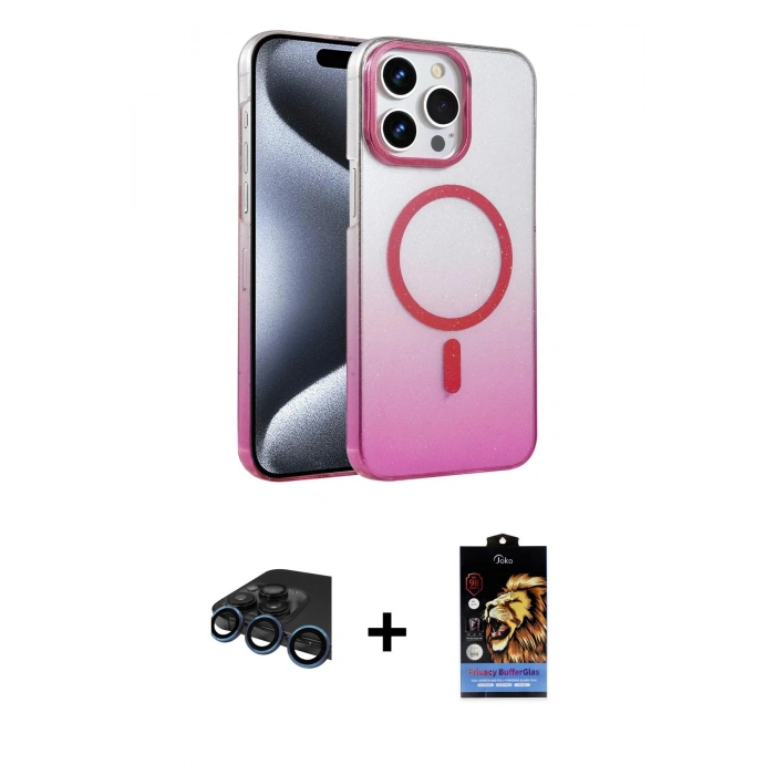 MARSİLYAN™- iPhone 15 Pro Max Kılıf Ahenk Doku Özel Seri - Siyah Buffer Hayalet Cam Ekran Koruyucu + Raze Metal Kamera Lens - LT
