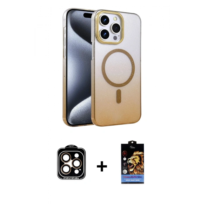 MARSİLYAN™- iPhone 15 Pro Max Kılıf Ahenk Doku Özel Seri - Siyah Buffer Hayalet Cam Ekran Koruyucu + PVD Metal Kamera Lens - TU