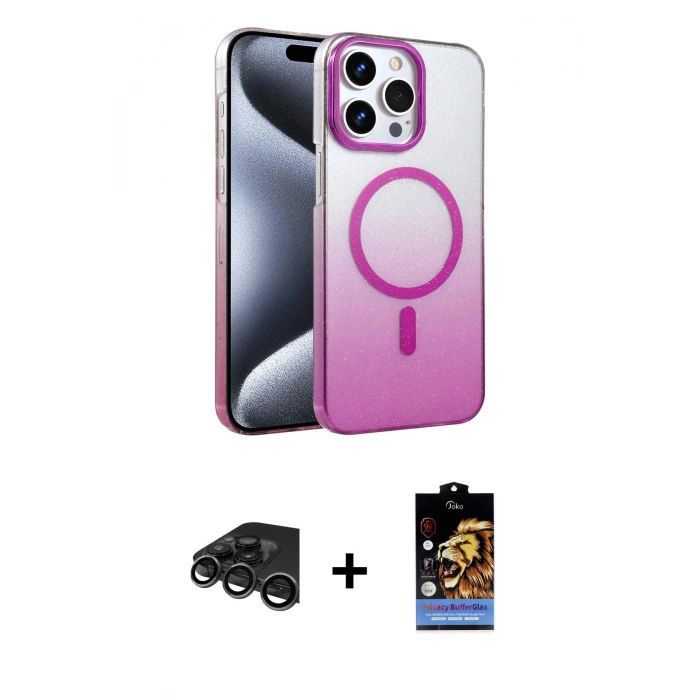 MARSİLYAN™- iPhone 15 Pro Max Kılıf Ahenk Doku Özel Seri - Siyah Buffer Hayalet Cam Ekran Koruyucu + Raze Metal Kamera Lens - TMGI