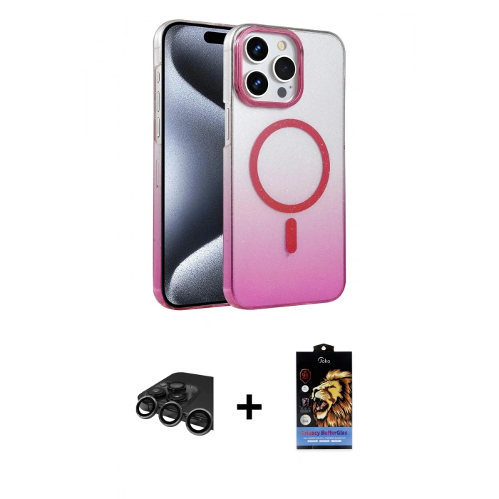 MARSİLYAN™- iPhone 15 Pro Max Kılıf Ahenk Doku Özel Seri - Siyah Buffer Hayalet Cam Ekran Koruyucu + Raze Metal Kamera Lens - TMGI