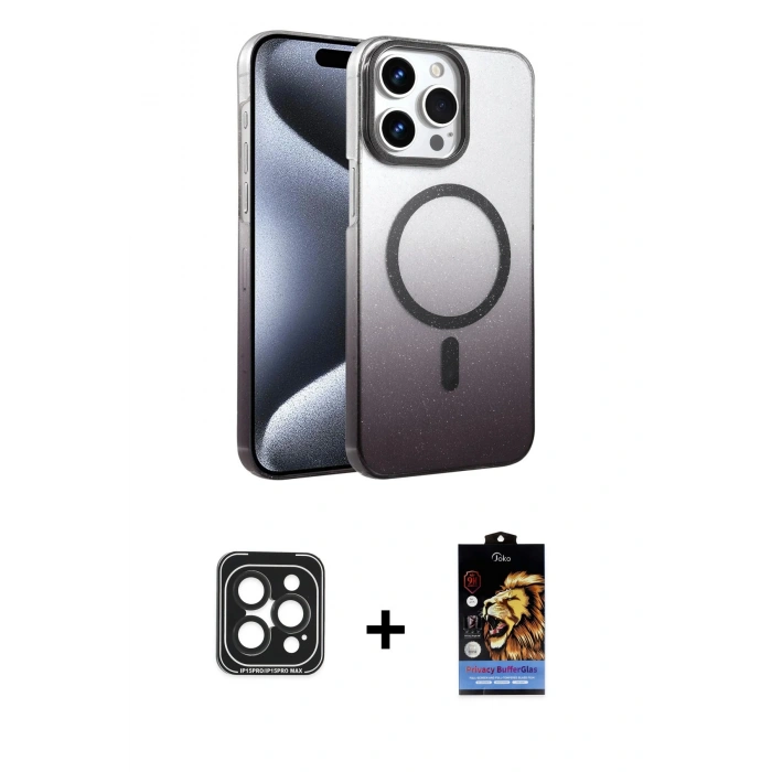 MARSİLYAN™- iPhone 15 Pro Max Kılıf Ahenk Doku Özel Seri - Siyah Buffer Hayalet Cam Ekran Koruyucu + Siyah PVD Metal Kamera Lens