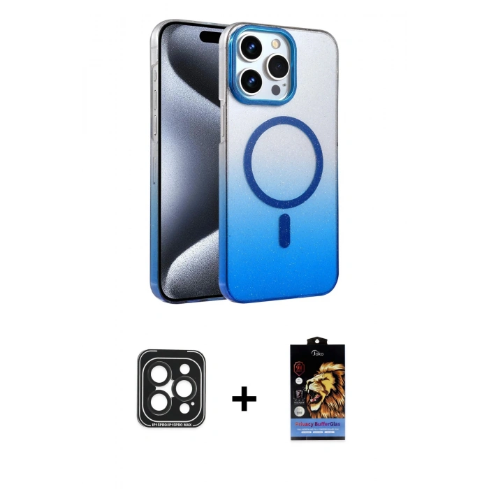 MARSİLYAN™- iPhone 15 Pro Max Kılıf Ahenk Doku Özel Seri - Siyah Buffer Hayalet Cam Ekran Koruyucu + Siyah PVD Metal Kamera Lens