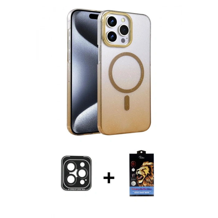 MARSİLYAN™- iPhone 15 Pro Max Kılıf Ahenk Doku Özel Seri - Siyah Buffer Hayalet Cam Ekran Koruyucu + Siyah PVD Metal Kamera Lens