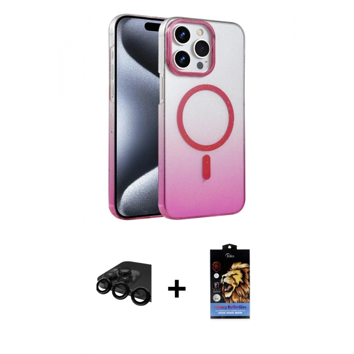 MARSİLYAN™- iPhone 15 Pro Max Kılıf Ahenk Doku Özel Seri - Siyah Buffer Hayalet Cam Ekran Koruyucu + Raze Metal Kamera Lens - SH
