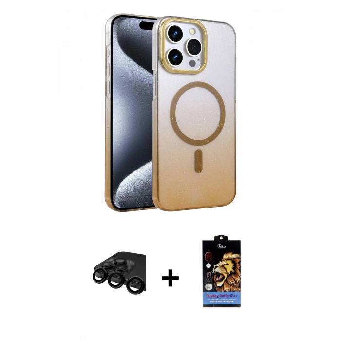 MARSİLYAN™- iPhone 15 Pro Max Kılıf Ahenk Doku Özel Seri - Siyah Buffer Hayalet Cam Ekran Koruyucu + Raze Metal Kamera Lens - SH
