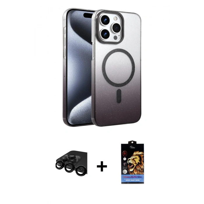 MARSİLYAN™- iPhone 15 Pro Max Kılıf Ahenk Doku Özel Seri - Siyah Buffer Hayalet Cam Ekran Koruyucu + Raze Metal Kamera Lens - SH