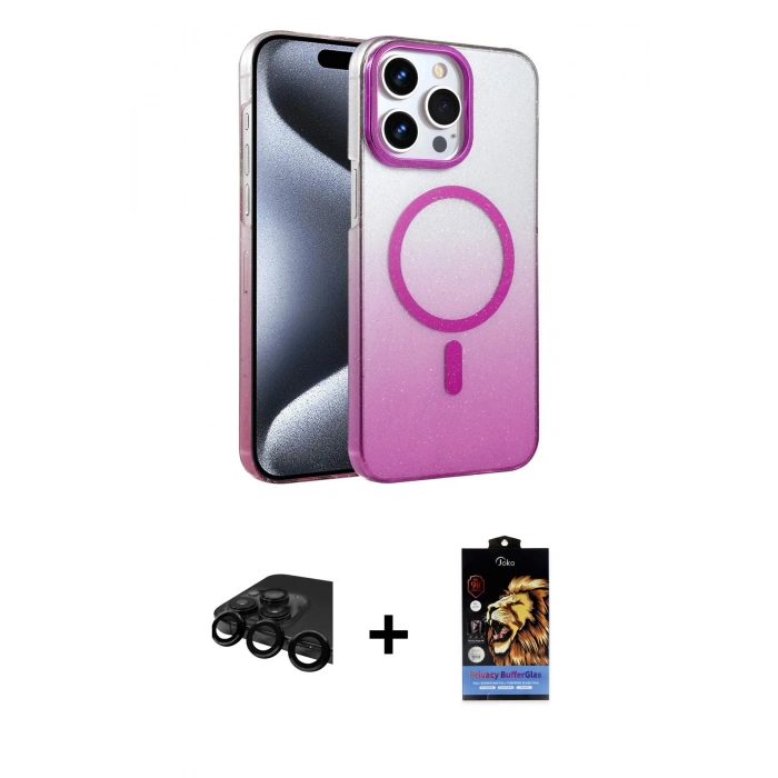 MARSİLYAN™- iPhone 15 Pro Max Kılıf Ahenk Doku Özel Seri - Siyah Buffer Hayalet Cam Ekran Koruyucu + Raze Metal Kamera Lens - SH