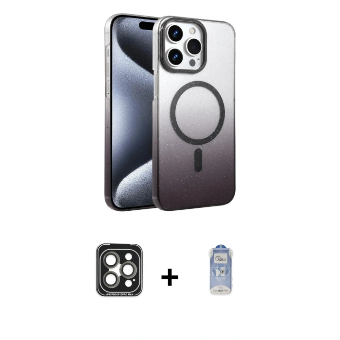 MARSİLYAN™- iPhone 15 Pro Max Kılıf Ahenk Doku Özel Seri - Siyah Joko Magic 5D Cam + Gri PVD Metal Kamera Lens