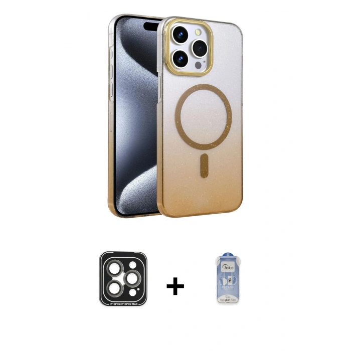 MARSİLYAN™- iPhone 15 Pro Max Kılıf Ahenk Doku Özel Seri - Siyah Joko Magic 5D Cam + Gri PVD Metal Kamera Lens