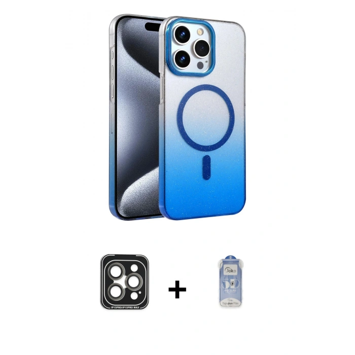 MARSİLYAN™- iPhone 15 Pro Max Kılıf Ahenk Doku Özel Seri - Siyah Joko Magic 5D Cam + Gri PVD Metal Kamera Lens