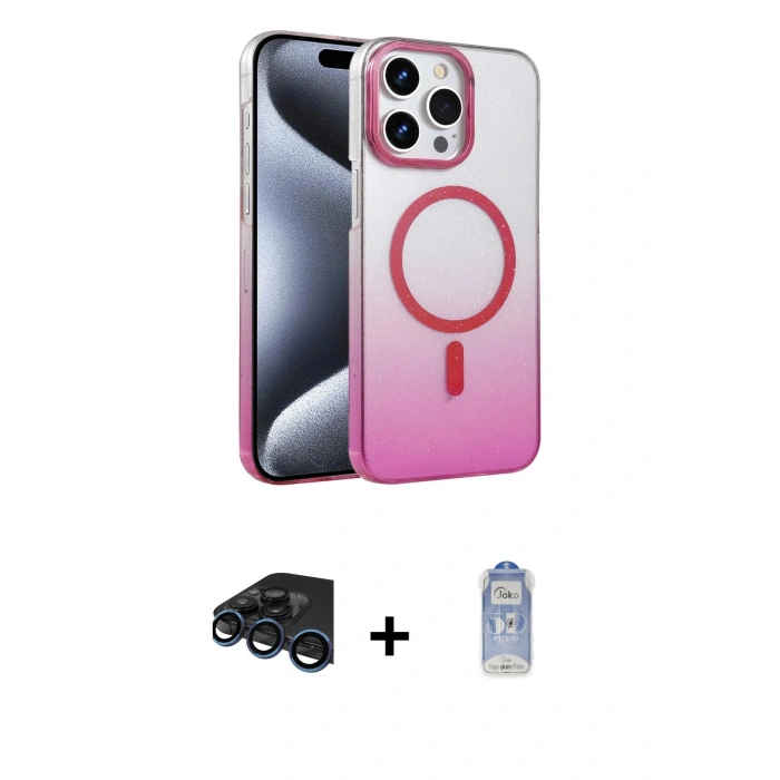 MARSİLYAN™- iPhone 15 Pro Max Kılıf Ahenk Doku Özel Seri - Siyah Joko Magic 5D Cam + Lacivert Raze Metal Kamera Lens