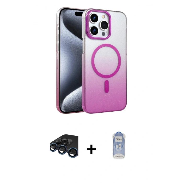 MARSİLYAN™- iPhone 15 Pro Max Kılıf Ahenk Doku Özel Seri - Siyah Joko Magic 5D Cam + Lacivert Raze Metal Kamera Lens