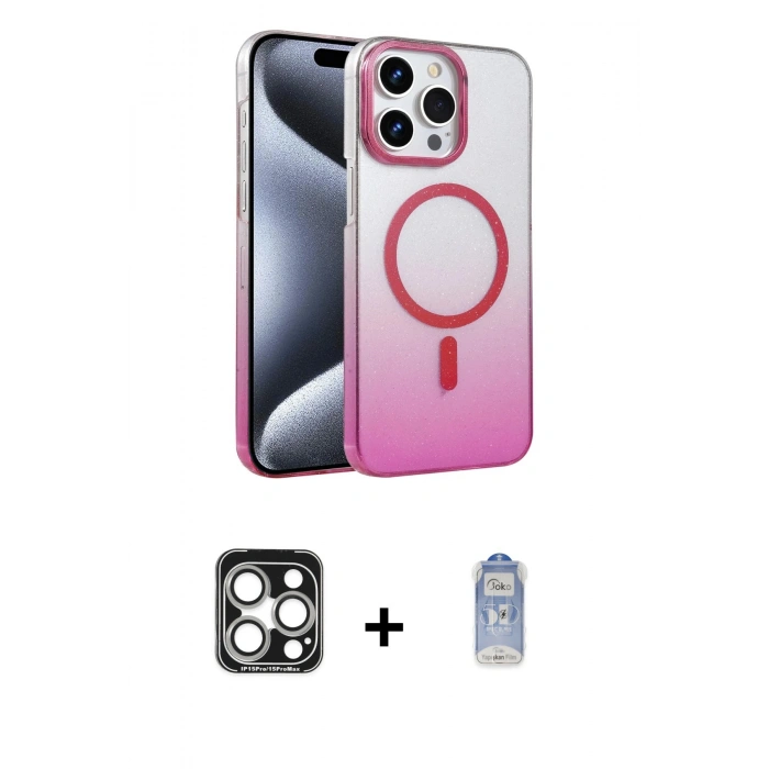 MARSİLYAN™- iPhone 15 Pro Max Kılıf Ahenk Doku Özel Seri - Siyah Joko Magic 5D Cam + PVD Metal Kamera Lens - GS