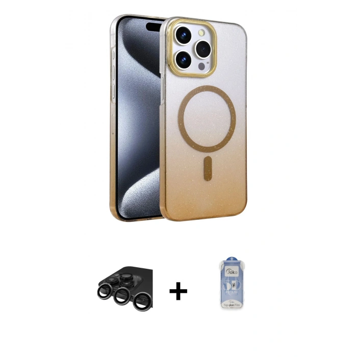 MARSİLYAN™- iPhone 15 Pro Max Kılıf Ahenk Doku Özel Seri - Siyah Joko Magic 5D Cam + Raze Metal Kamera Lens - TMGI