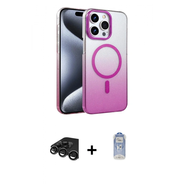 MARSİLYAN™- iPhone 15 Pro Max Kılıf Ahenk Doku Özel Seri - Siyah Joko Magic 5D Cam + Raze Metal Kamera Lens - TMGI