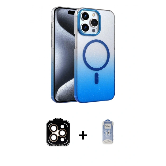 MARSİLYAN™- iPhone 15 Pro Max Kılıf Ahenk Doku Özel Seri - Siyah Joko Magic 5D Cam + Turuncu PVD Metal Kamera Lens