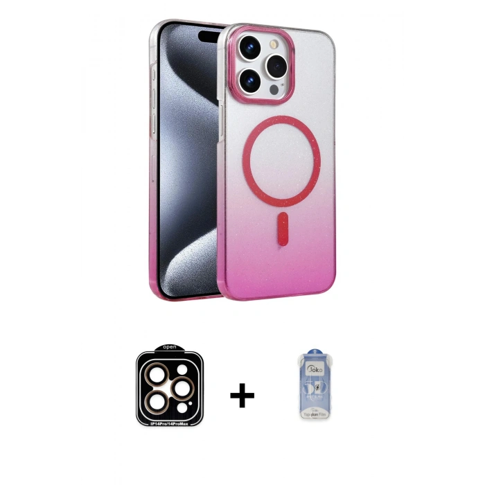 MARSİLYAN™- iPhone 15 Pro Max Kılıf Ahenk Doku Özel Seri - Siyah Joko Magic 5D Cam + Turuncu PVD Metal Kamera Lens