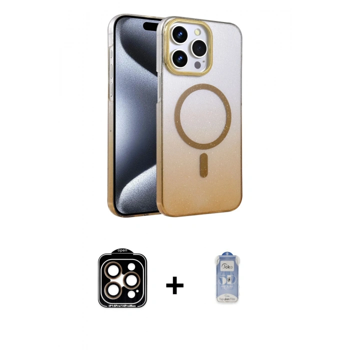 MARSİLYAN™- iPhone 15 Pro Max Kılıf Ahenk Doku Özel Seri - Siyah Joko Magic 5D Cam + Turuncu PVD Metal Kamera Lens