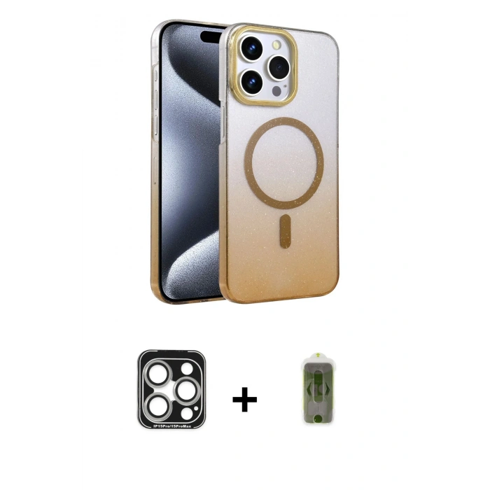 MARSİLYAN™- iPhone 15 Pro Max Kılıf Ahenk Doku Özel Seri - Siyah Joko Magic 5D Hayalet Cam + PVD Metal Kamera Lens - GS