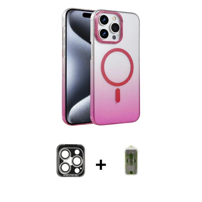MARSİLYAN™- iPhone 15 Pro Max Kılıf Ahenk Doku Özel Seri - Siyah Joko Magic 5D Hayalet Cam + PVD Metal Kamera Lens - GS