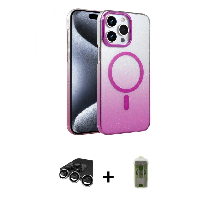 MARSİLYAN™- iPhone 15 Pro Max Kılıf Ahenk Doku Özel Seri - Siyah Joko Magic 5D Hayalet Cam + Raze Metal Kamera Lens - GS