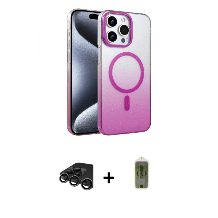 MARSİLYAN™- iPhone 15 Pro Max Kılıf Ahenk Doku Özel Seri - Siyah Joko Magic 5D Hayalet Cam + Raze Metal Kamera Lens - TMGI