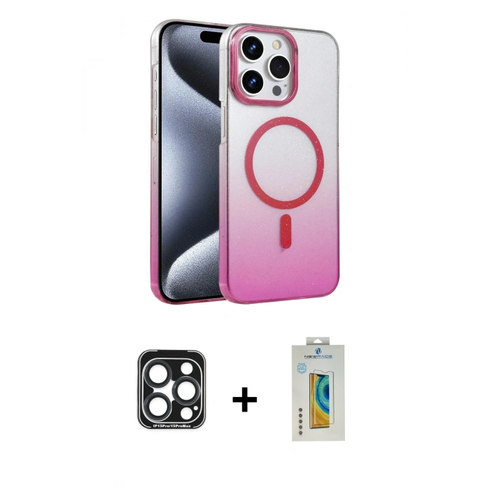 MARSİLYAN™- iPhone 15 Pro Max Kılıf Ahenk Doku Özel Seri - Siyah Polymer Nano Ekran Koruyucu + Lacivert PVD Metal Kamera Lens