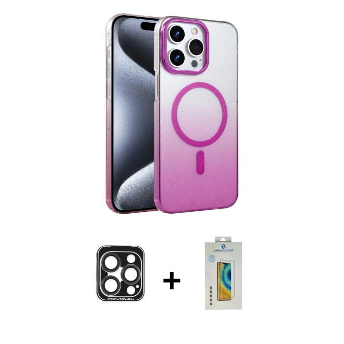 MARSİLYAN™- iPhone 15 Pro Max Kılıf Ahenk Doku Özel Seri - Siyah Polymer Nano Ekran Koruyucu + Lacivert PVD Metal Kamera Lens