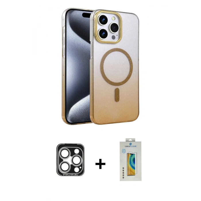 MARSİLYAN™- iPhone 15 Pro Max Kılıf Ahenk Doku Özel Seri - Siyah Polymer Nano Ekran Koruyucu + PVD Metal Kamera Lens - GS